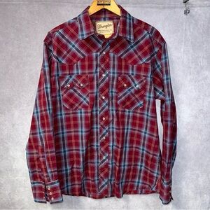 Wrangler Western Pearl Snap Plaid Shirt Vintage Men’s L Large Red Blue